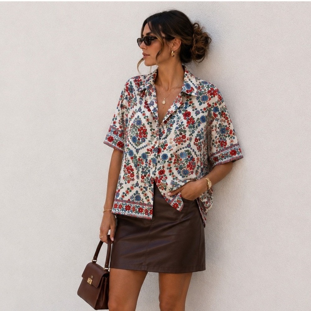 Zara Floral Print Button Down Shirt Short Sleeve Multi Color Boho Top Small